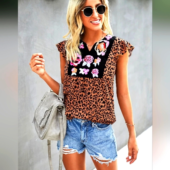 Floral Embroidered Leopard Print Top - Picture 1 of 5